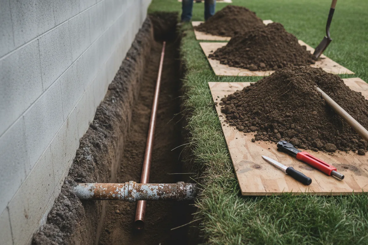Excavated water line trench during Water Heater Repair in Farmersville